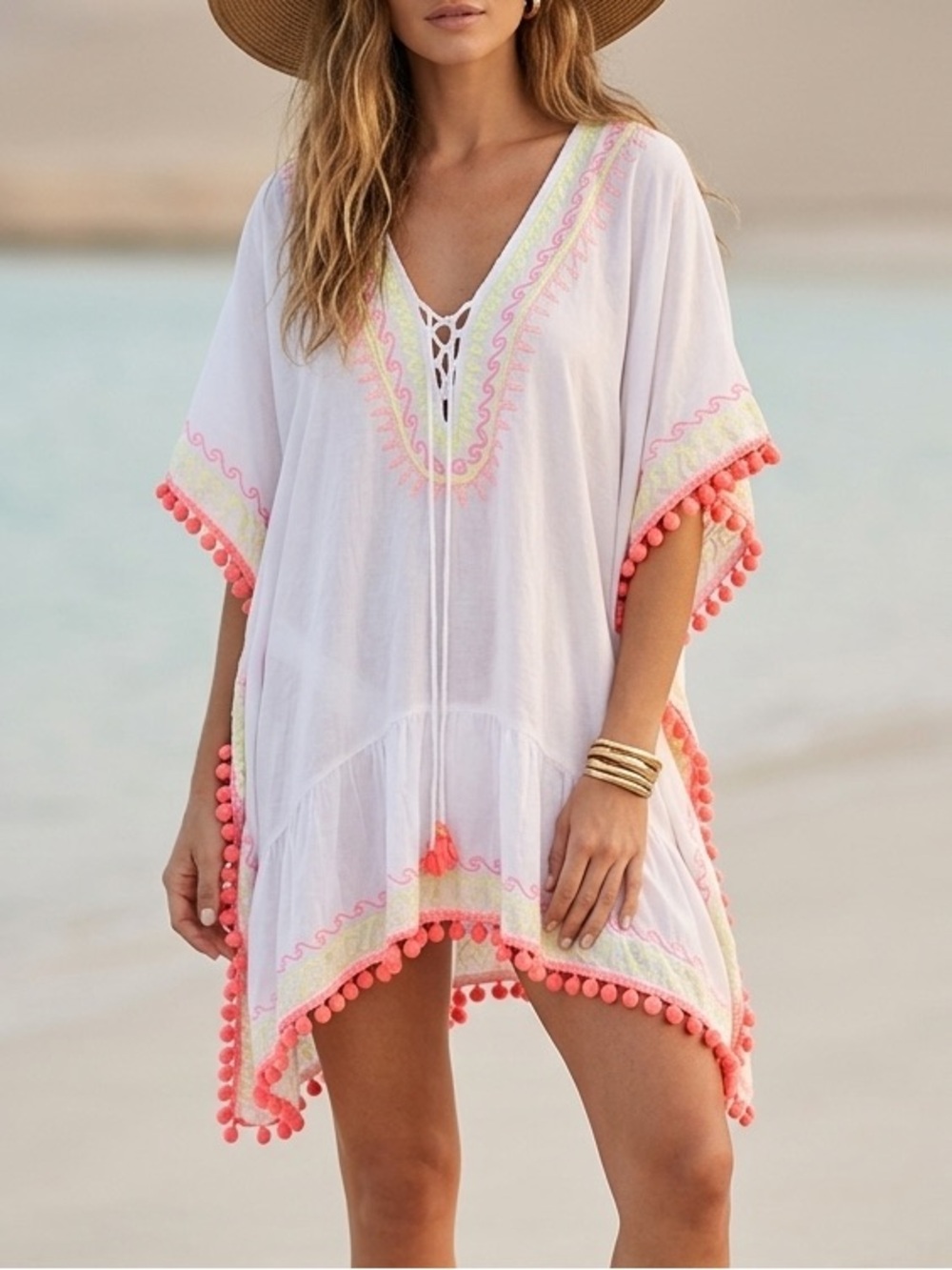 Z&L Europe Kaftan Women FS White‎ Neon Pom Pom Embroidered Boho Beach Cover Up